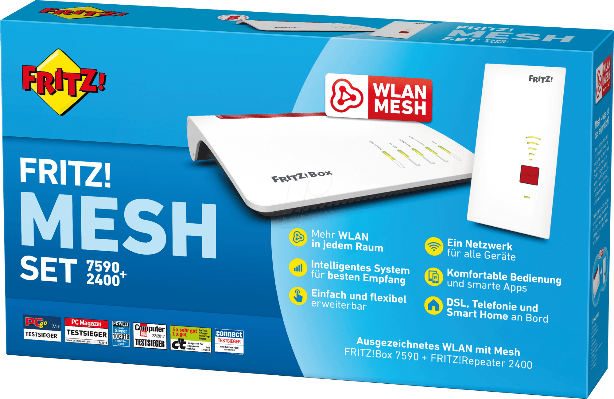 AVM FRITZ!Box 7590 AX WLAN-Router Gigabit Ethernet DuAVM FRITZ! Mesh Set 7590+2400 - Ultraschnelles WLAN bis in den letzten Winke Weiß