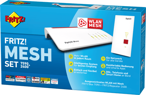 AVM FRITZ!Box 7590 AX WLAN-Router Gigabit Ethernet DuAVM FRITZ! Mesh Set 7590+2400 - Ultraschnelles WLAN bis in den letzten Winke Weiß